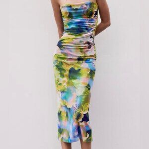 Zara Strapless Printed Mesh Midi Dress Size Small